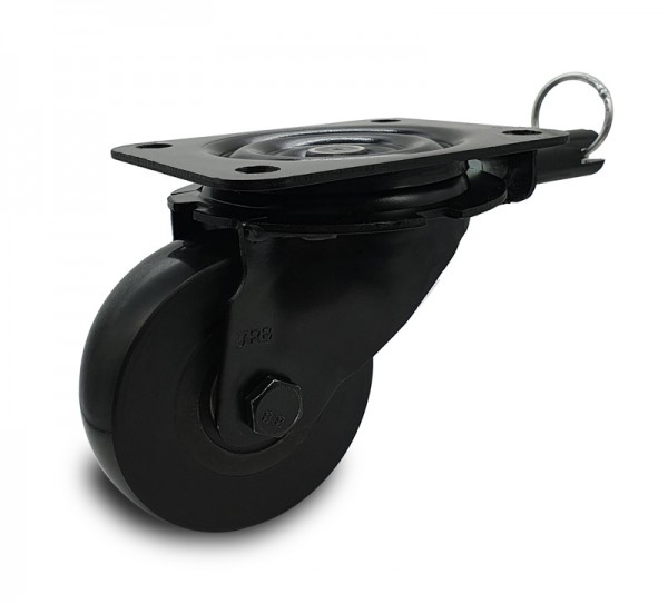 Black swivel castor with polyurethane wheel with brake
