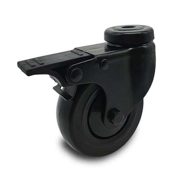Black rubber swivel castor with brake