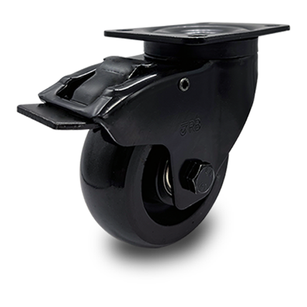 Black swivel castor w. Economy polyurethane wheel and brake
