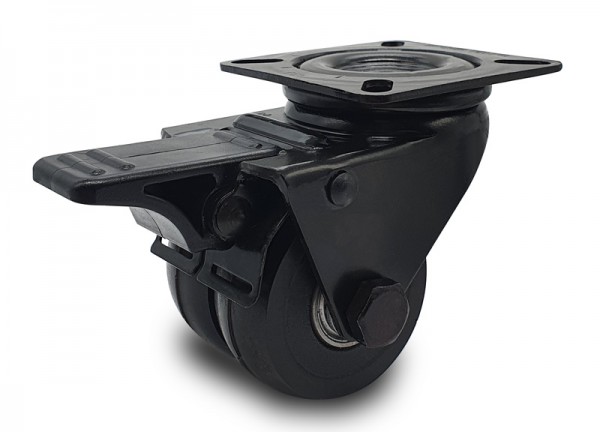 Black double swivel castor with polyurethane wheel and brake